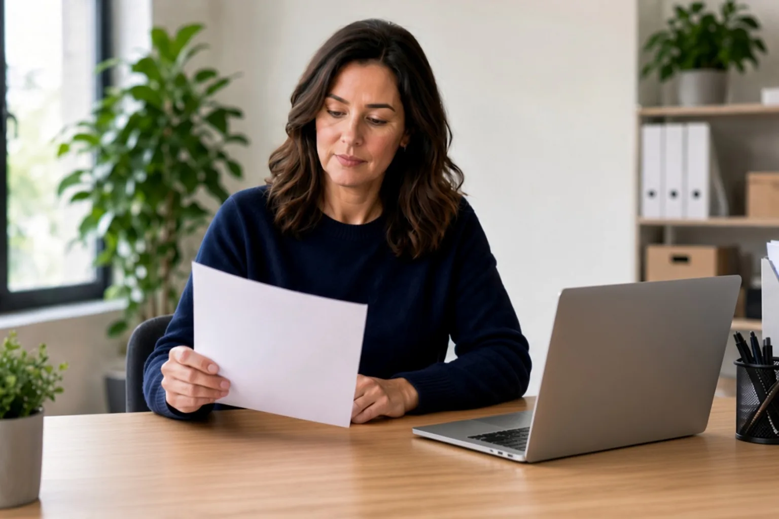 Licensee in Charge reviewing a training-plan checklist and calendar in a bright agency office