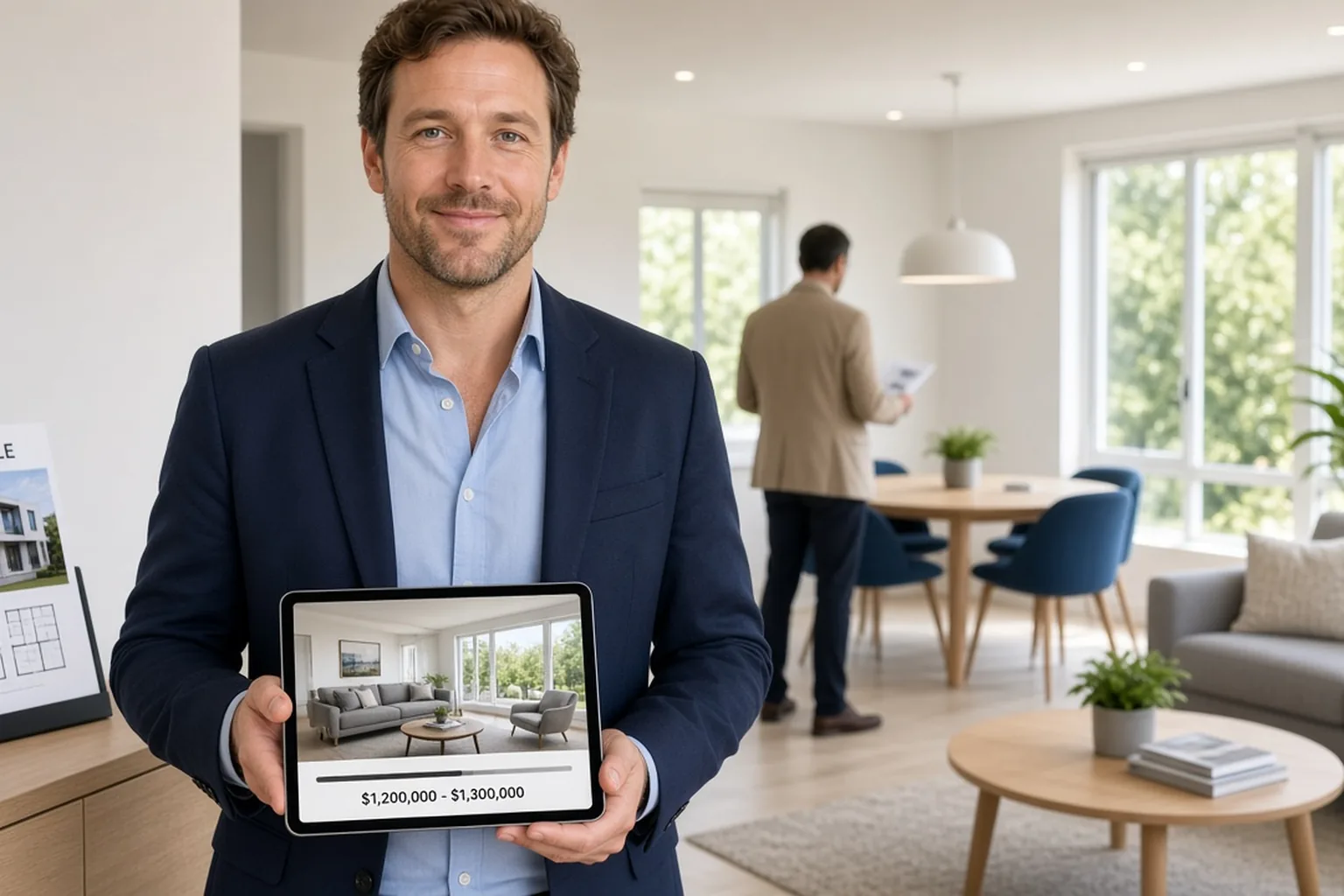 NSW selling agent at an open home holding a tablet showing a property price guide